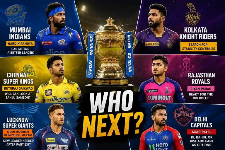 Collage of IPL teams Mumbai Indians, Kolkata Knight Riders, Chennai Super Kings, Rajasthan Royals, Lucknow Super Giants and Delhi Capitals highlighting their captaincy options before IPL 2027.