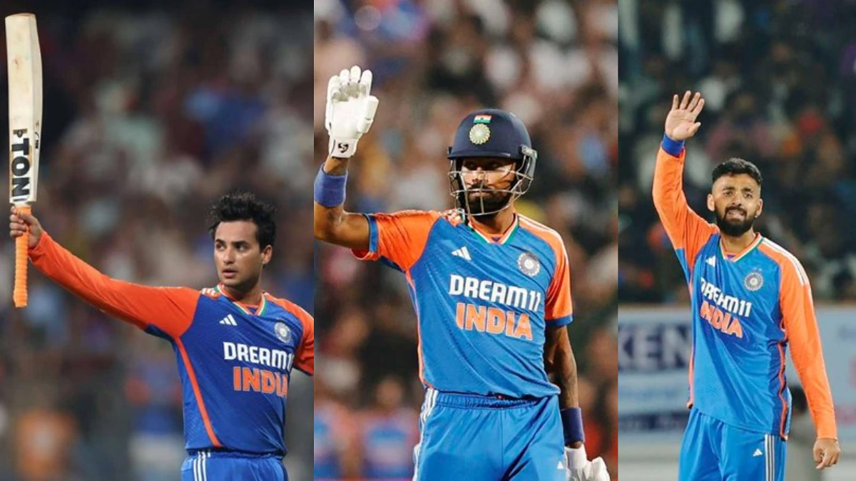 Three India cricketers in a composite photograph, raising a bat or hand