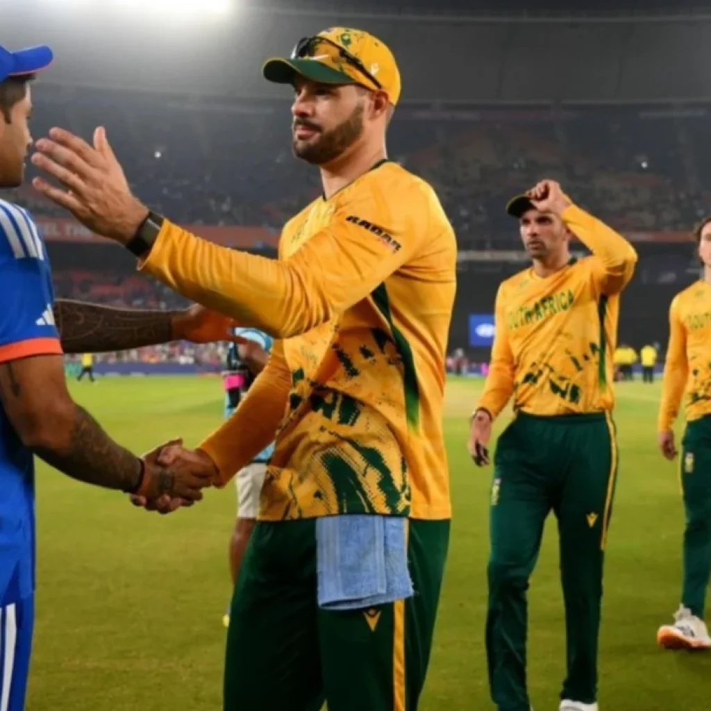 Players in India and South Africa kits greeting each other on a cricket field