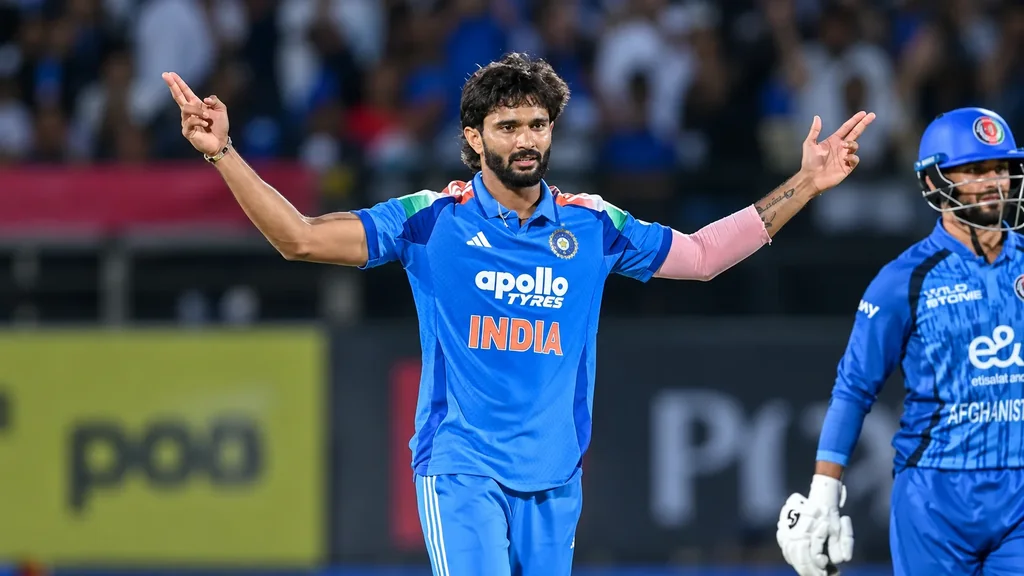Nitish Kumar Reddy celebrates a wicket for India against Afghanistan.