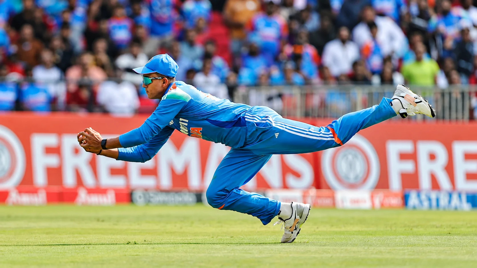 Indian cricketer in blue diving forward with both hands extended to catch the ball.
