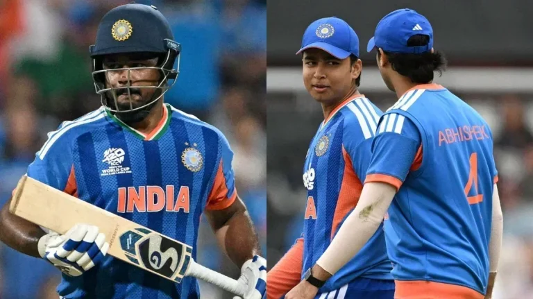 Cricket collage showing Sanju Samson holding a bat on the left and two India players in blue training kits on the right.