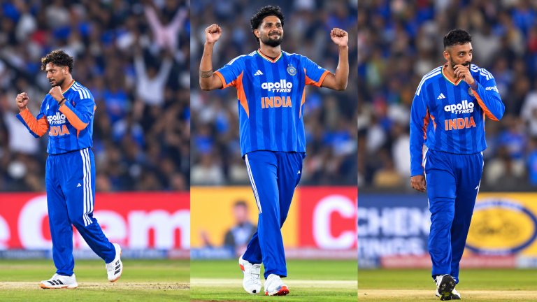 AI-enhanced three-panel collage of India bowlers on the cricket field