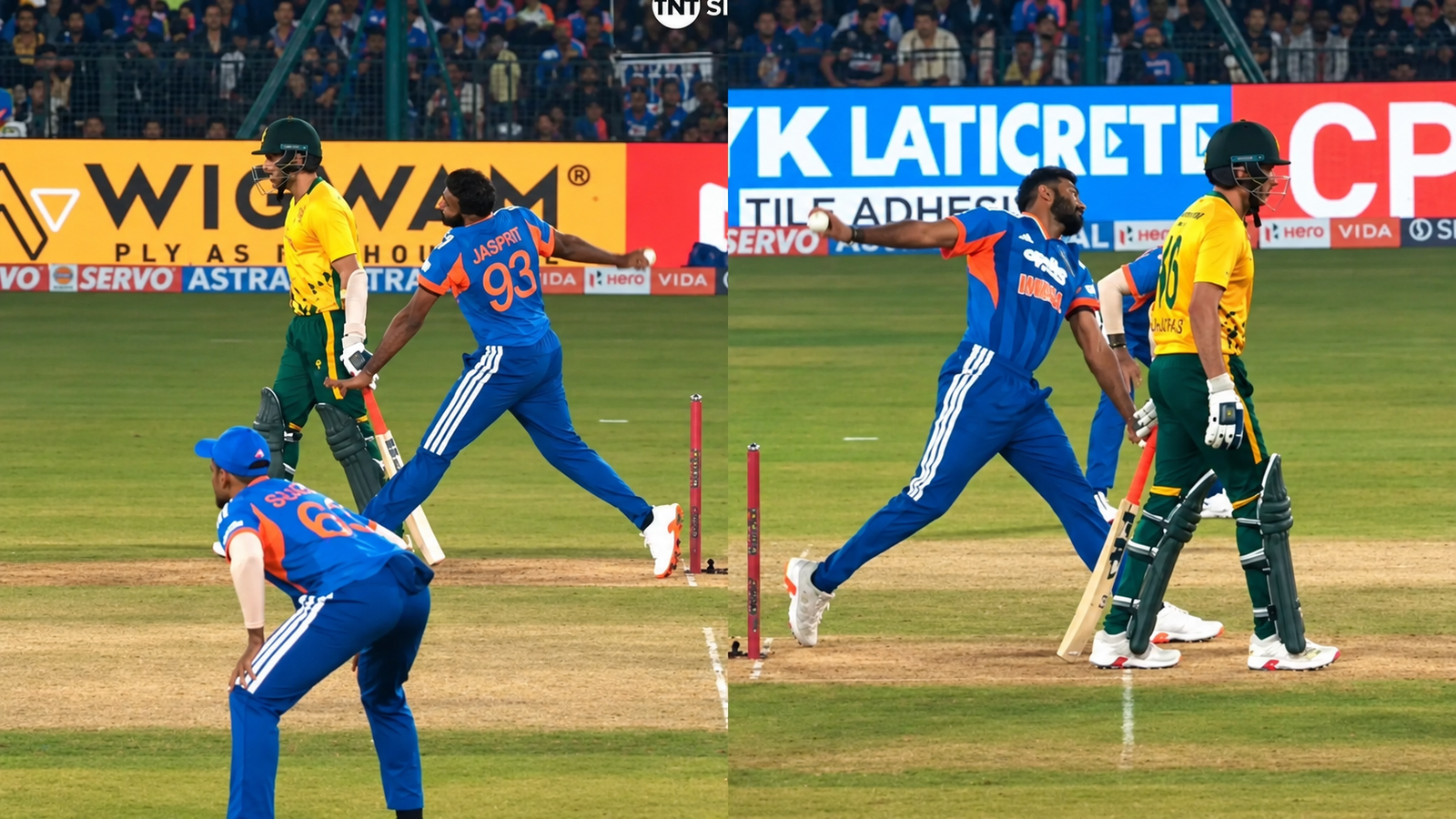 AI-enhanced two-panel image of an India bowler delivering beside the stumps, with an Australia batter nearby
