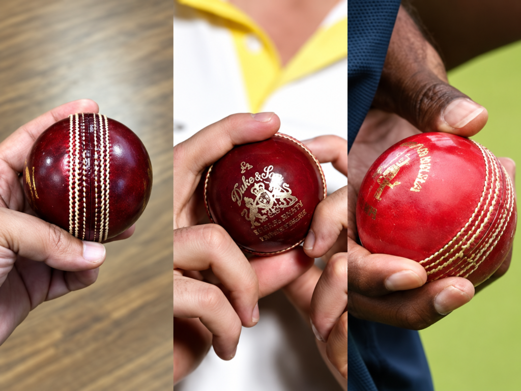 Three-panel photograph of red cricket balls held in hands, showing leather surfaces and seams