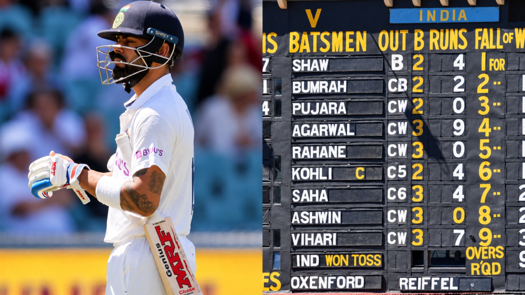 AI-enhanced collage of an India batter in Test whites beside a traditional cricket scoreboard
